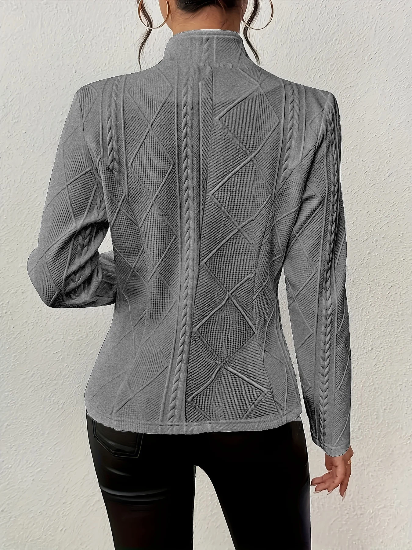 Micro-élasticité Faux Col Manches Longues Devant Ouvert Régulier Géométrique Blazer Gaufrage pour Femmes