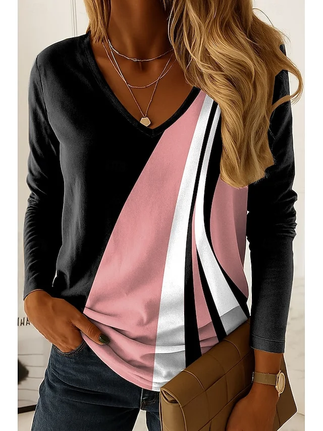 T-shirts Décontracté Bloc de Couleur Printemps / Automne Coton Col V Quotidien Manches Longues Droit Régulier pour Femmes