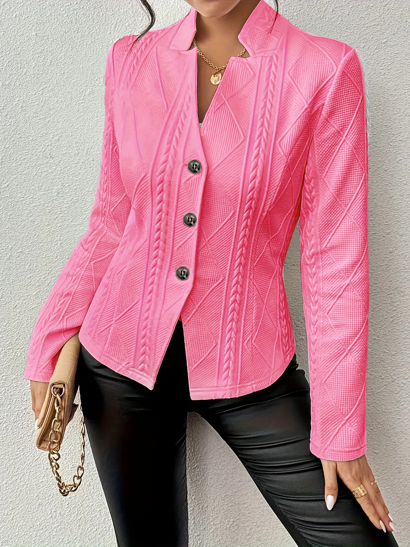 Micro-élasticité Faux Col Manches Longues Devant Ouvert Régulier Géométrique Blazer Gaufrage pour Femmes