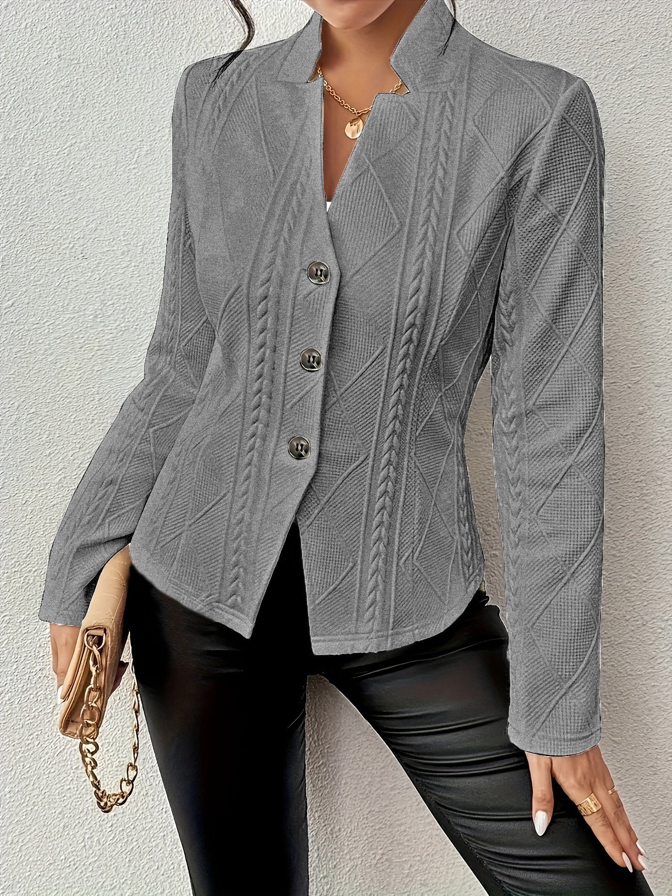 Micro-élasticité Faux Col Manches Longues Devant Ouvert Régulier Géométrique Blazer Gaufrage pour Femmes