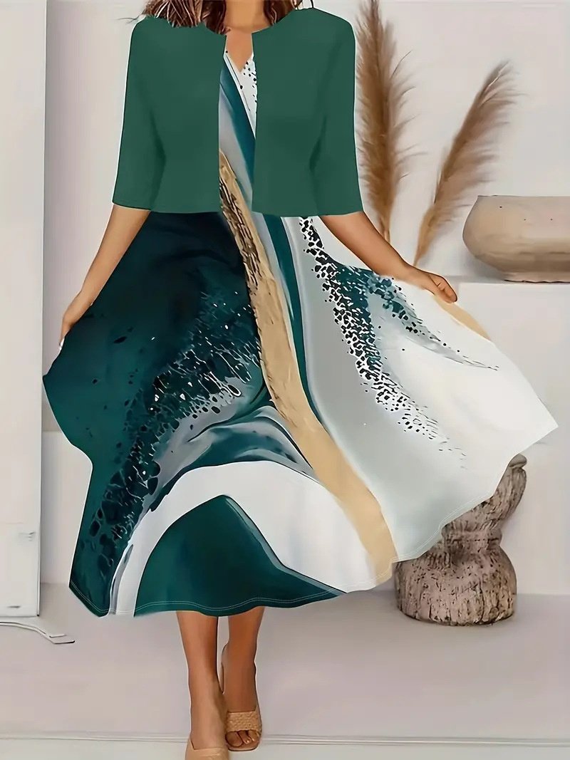 Deux Pièces Ensembles Femmes Élégant Impression aléatoire Été Col V Quotidien Coupe Régulière Manches Courtes Manteau avec jupe Droit