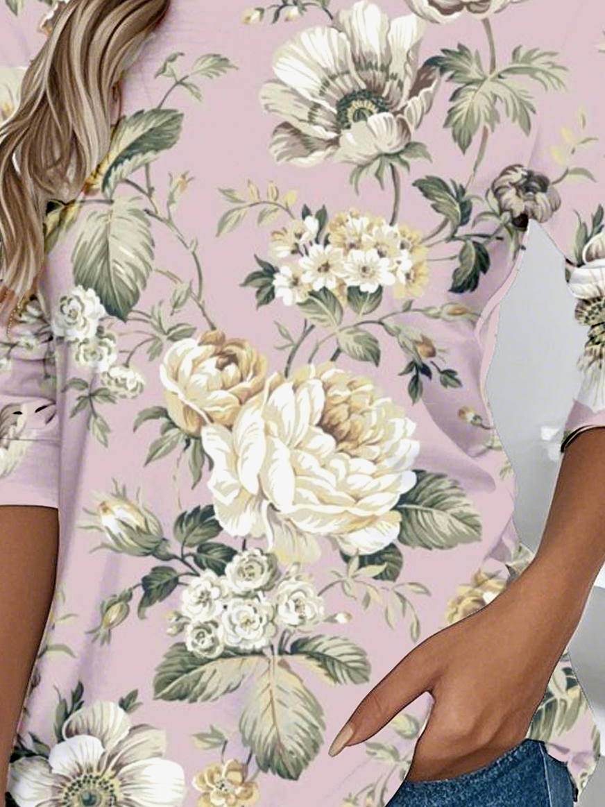 T-shirts Simple Floral Printemps / Automne Faire la navette Ample Jersey Col Rond Régulier Non pour Femmes