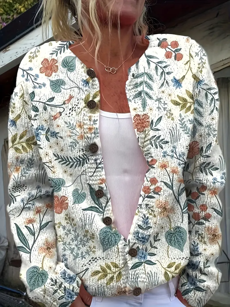 Cardigans Femmes Rétro Printemps / Automne impression en 3D Tricoté Micro-élasticité Quotidien Ample Col Rond Droit