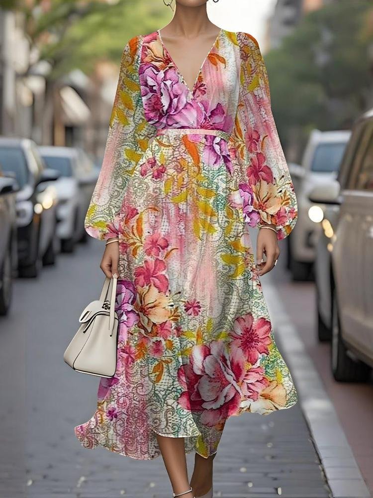 Femmes Floral Jaune Col V Confortable Robe Maxi Sexy