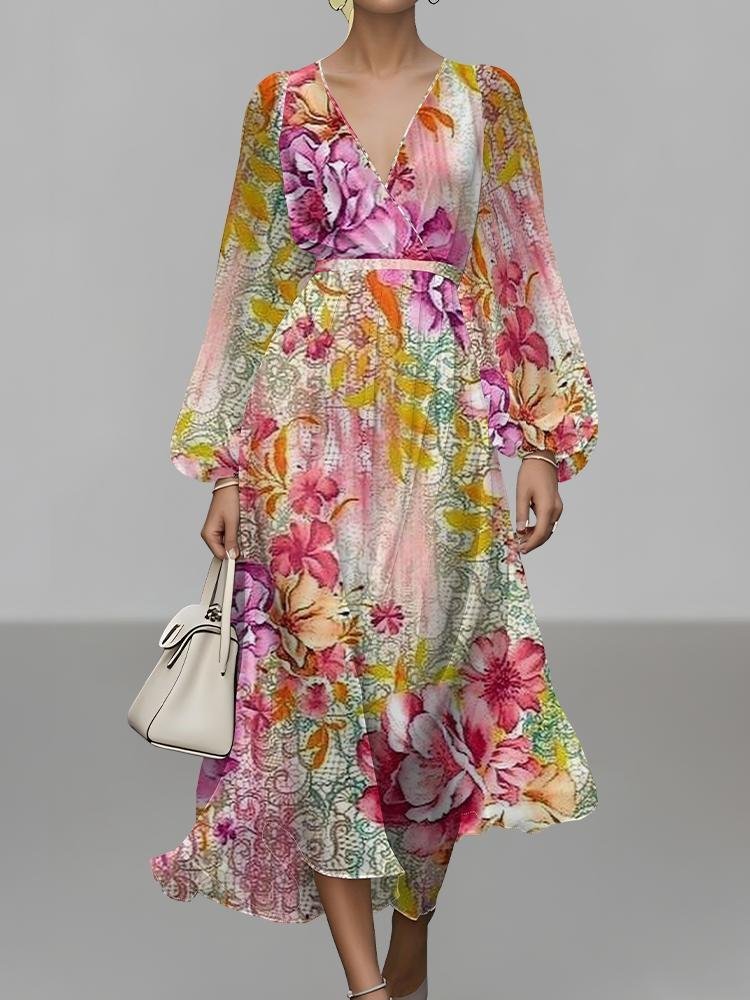 Femmes Floral Jaune Col V Confortable Robe Maxi Sexy