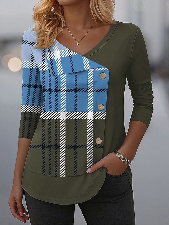 T-shirts Décontracté Printemps / Automne Bloc de Couleur Polyester Col V Quotidien Manches Longues Régulier Régulier pour Femmes