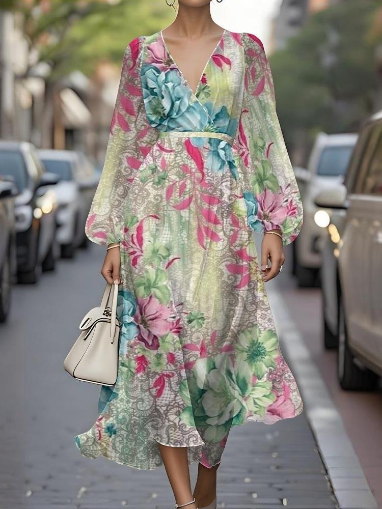 Femmes Floral Jaune Col V Confortable Robe Maxi Sexy