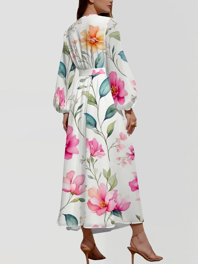 Femmes Floral Blanc Col V Confortable Robe Maxi Sexy