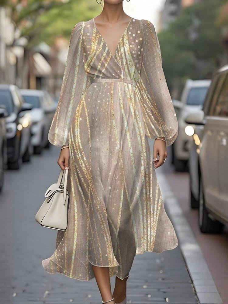 Femmes Rayé Métallique Col V Confortable Robe Maxi Sexy