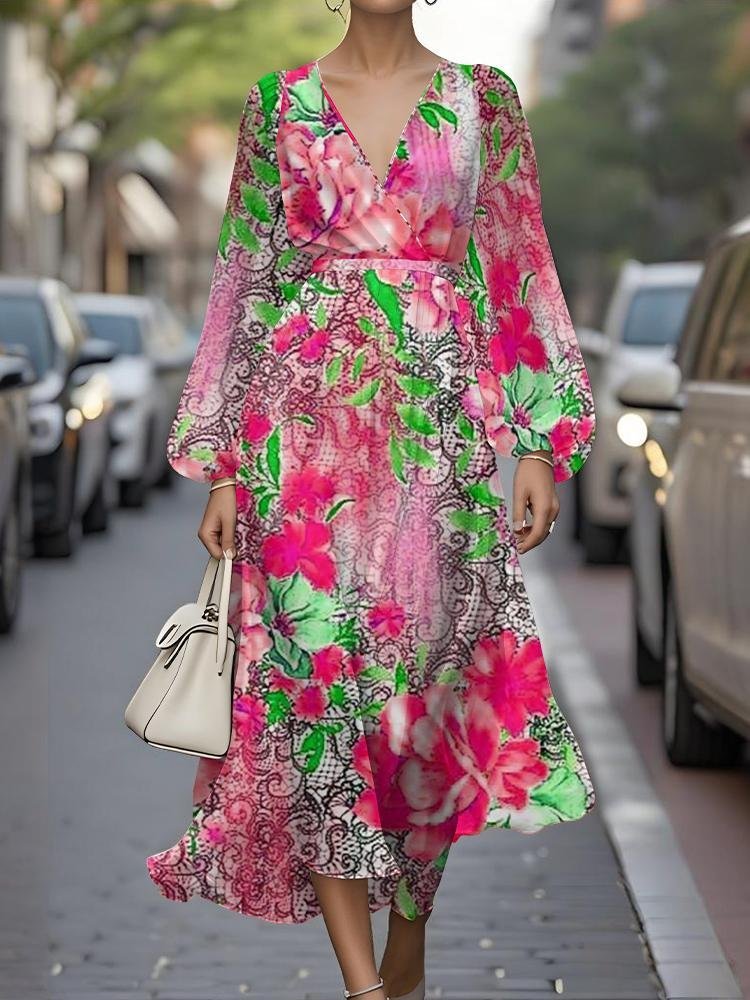 Femmes Floral Jaune Col V Confortable Robe Maxi Sexy