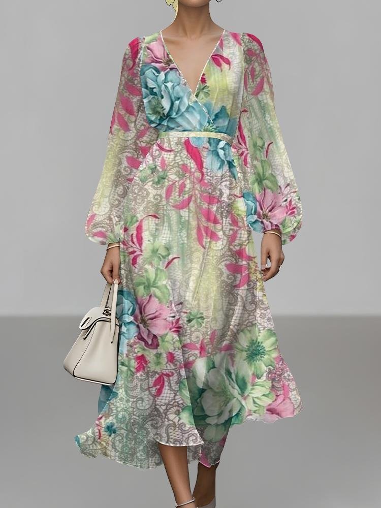 Femmes Floral Jaune Col V Confortable Robe Maxi Sexy