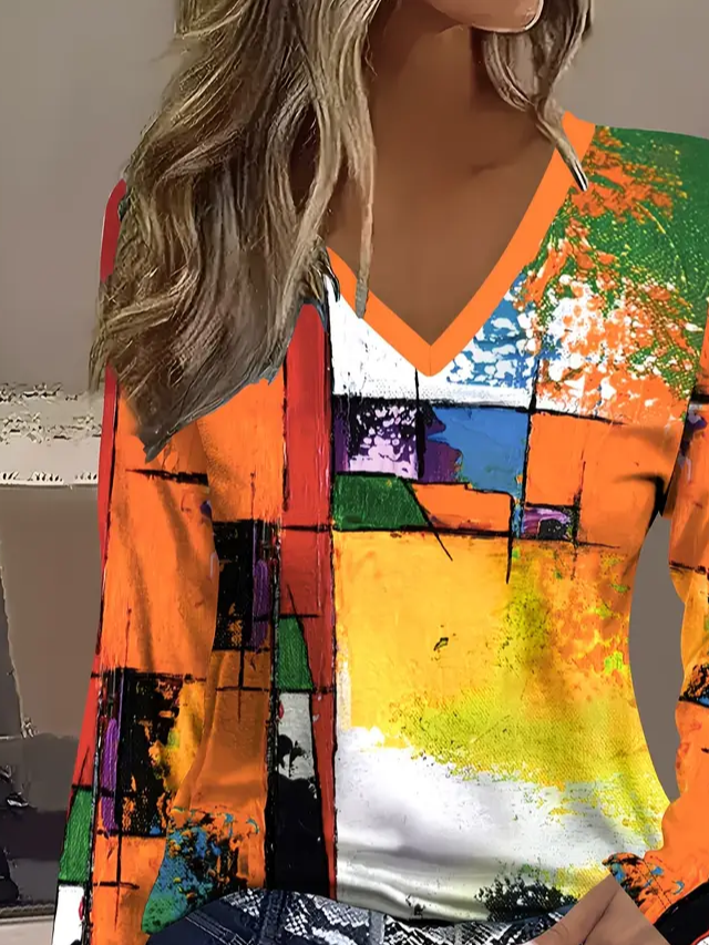 T-shirts Décontracté Abstrait Printemps / Automne Col V Imprimé Aucune élasticité Quotidien Coupe Régulière T.-N.-L. pour Femmes