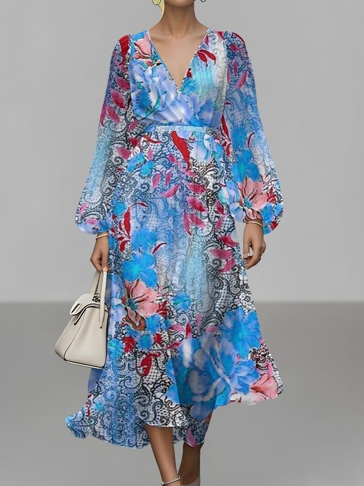 Femmes Floral Jaune Col V Confortable Robe Maxi Sexy
