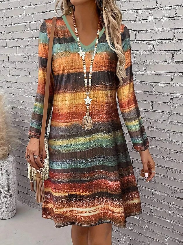 Femmes Géométrique Couleur 1 Col V Confortable Robe Mi-Longue Rétro