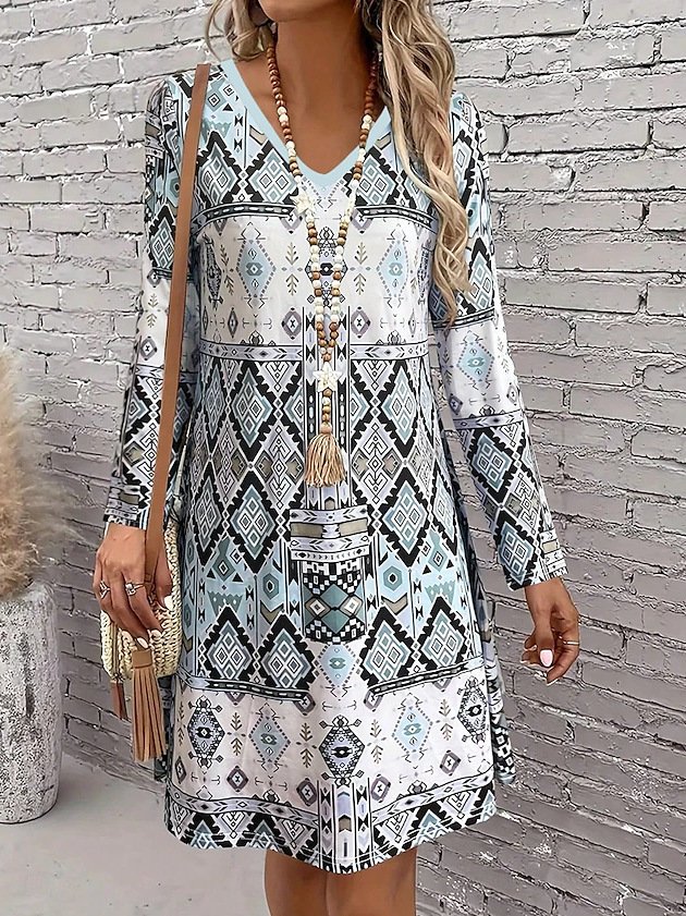 Femmes Géométrique Couleur 1 Col V Confortable Robe Mi-Longue Rétro