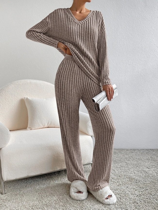Deux Pièces Ensembles Femmes Sportif Plain Printemps / Automne Col V Naturel Coupe Régulière Manches Longues Droit Régulier