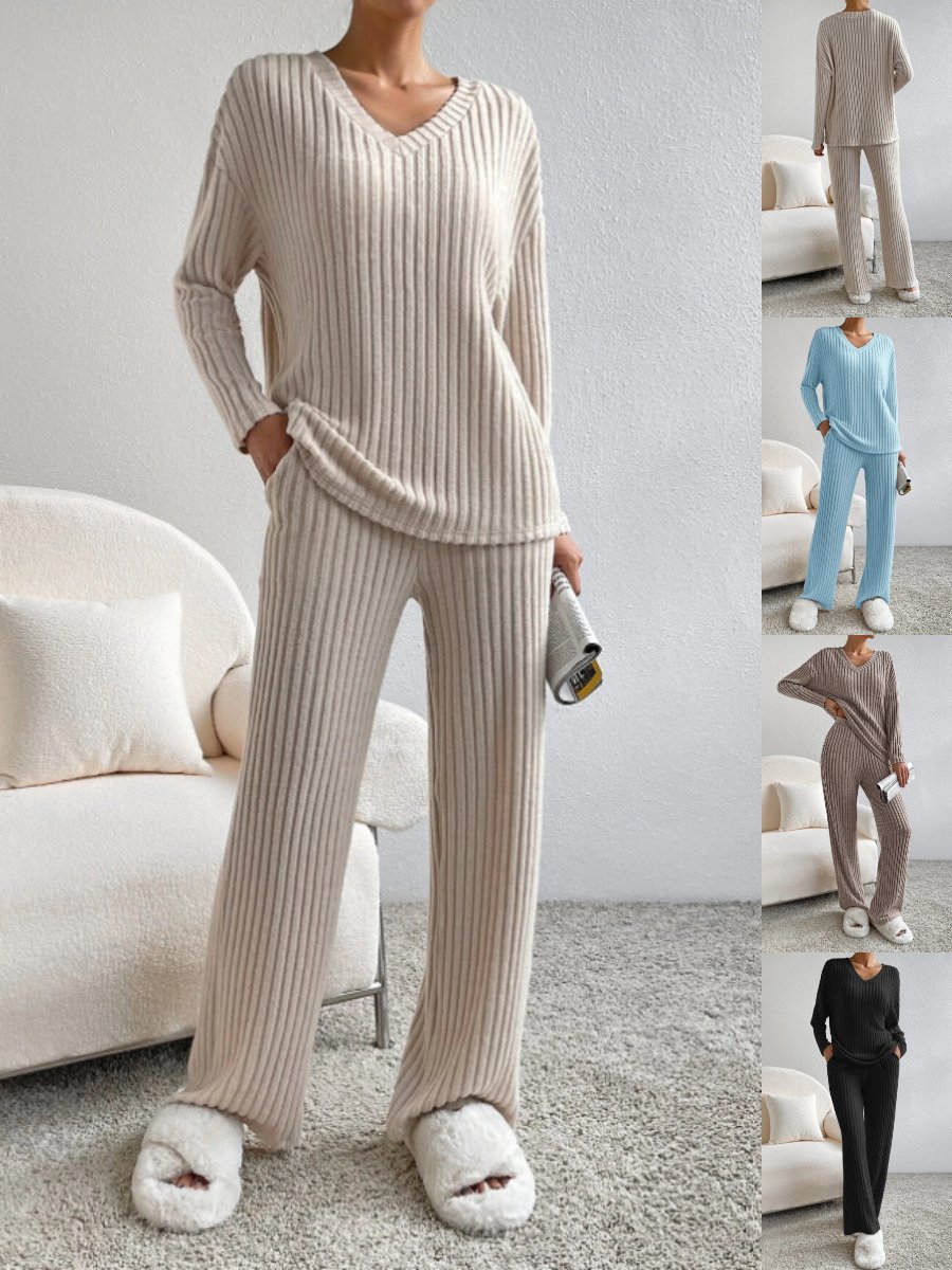 Deux Pièces Ensembles Femmes Sportif Plain Printemps / Automne Col V Naturel Coupe Régulière Manches Longues Droit Régulier