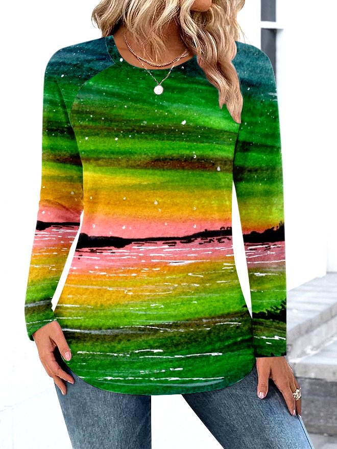 T-shirts Femmes Décontracté Bloc de Couleur Printemps / Automne Coton Micro-élasticité Coupe Régulière Manches Longues Régulier Régulier