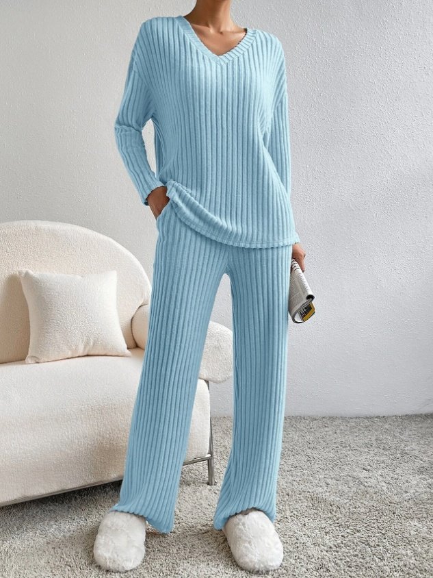 Deux Pièces Ensembles Femmes Sportif Plain Printemps / Automne Col V Naturel Coupe Régulière Manches Longues Droit Régulier