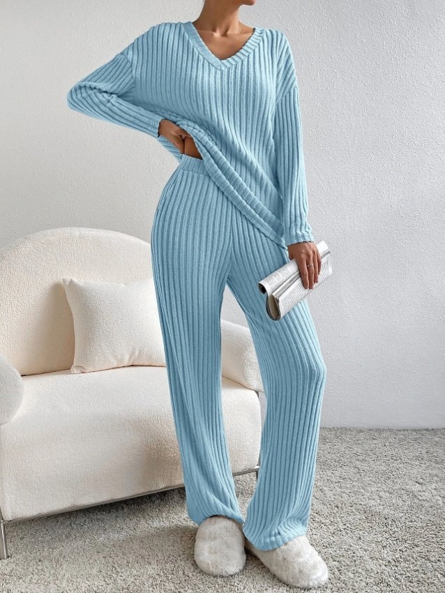 Deux Pièces Ensembles Femmes Sportif Plain Printemps / Automne Col V Naturel Coupe Régulière Manches Longues Droit Régulier