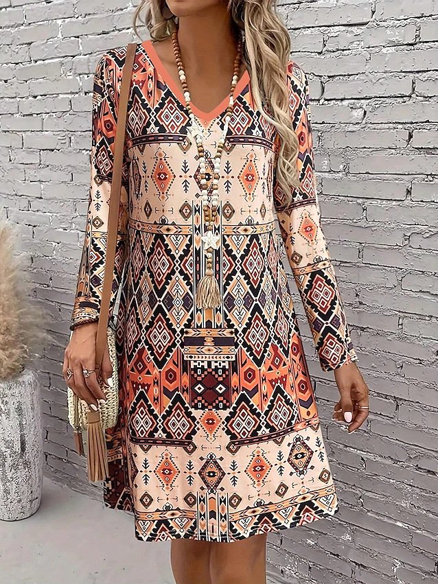 Femmes Géométrique Couleur 1 Col V Confortable Robe Mi-Longue Rétro