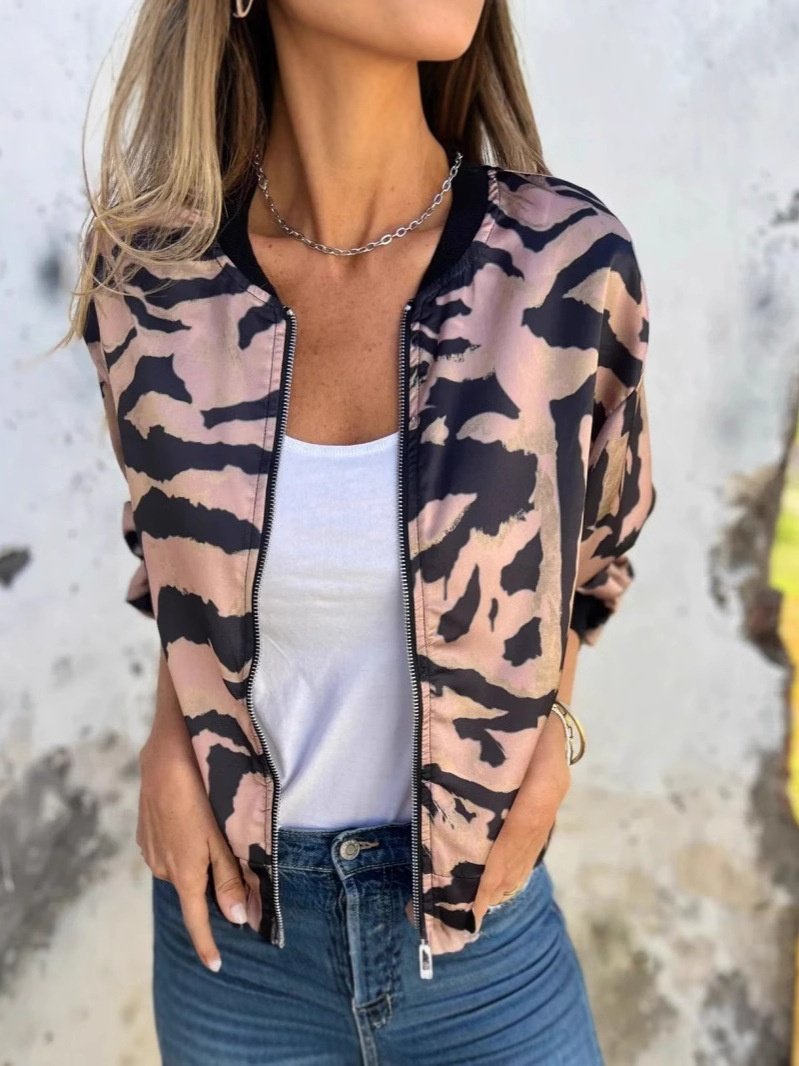 Micro-élasticité Col Montant Manches Longues Régulier Motif Léopard Blouson Aviateur Blouson Imprimé pour Femmes