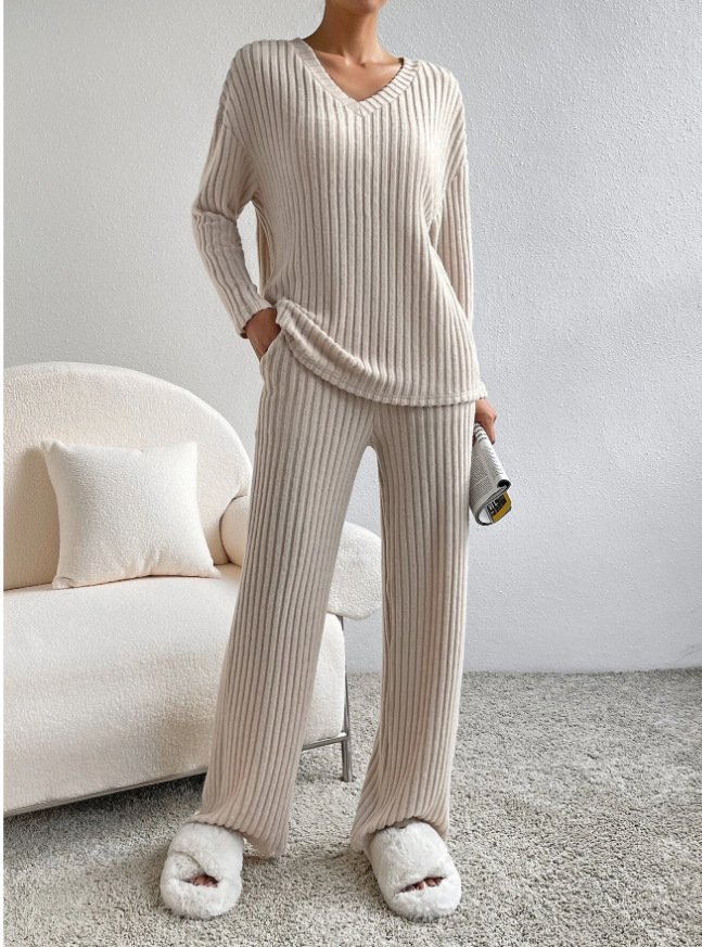 Deux Pièces Ensembles Femmes Sportif Plain Printemps / Automne Col V Naturel Coupe Régulière Manches Longues Droit Régulier