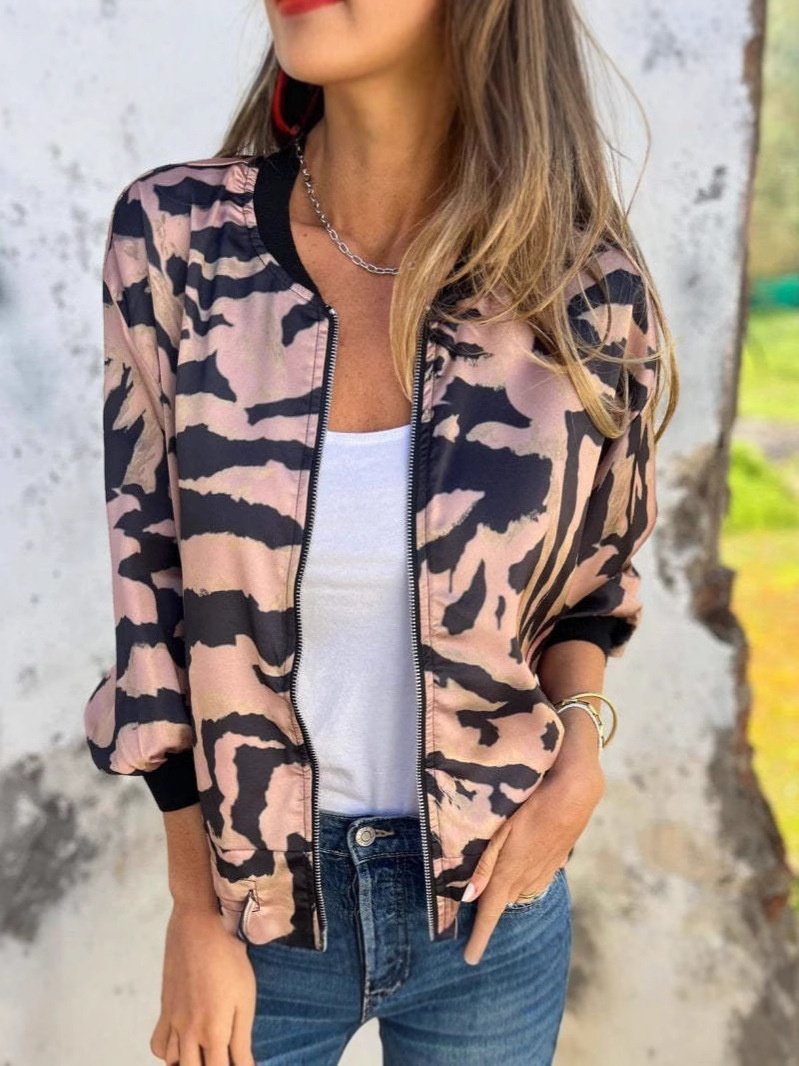 Micro-élasticité Col Montant Manches Longues Régulier Motif Léopard Blouson Aviateur Blouson Imprimé pour Femmes