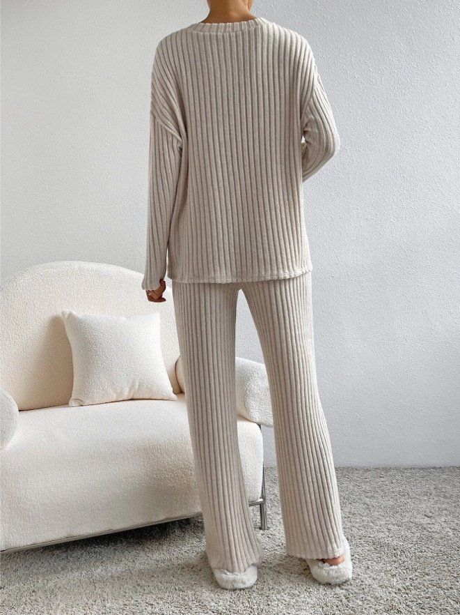 Deux Pièces Ensembles Femmes Sportif Plain Printemps / Automne Col V Naturel Coupe Régulière Manches Longues Droit Régulier