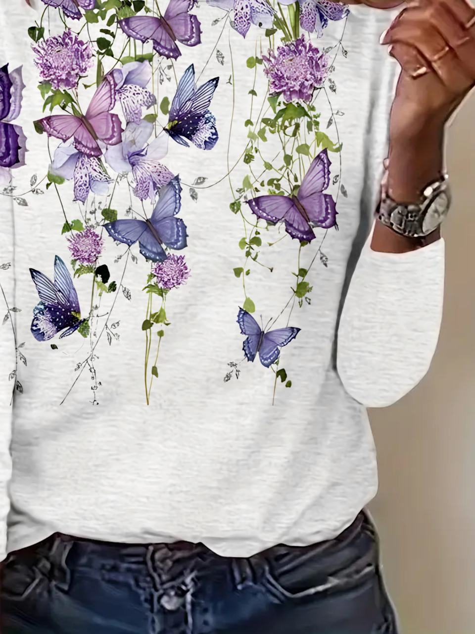 T-shirts Simple Papillon Printemps / Automne Micro-élasticité Quotidien Manches Longues Col Rond Régulier Régulier pour Femmes