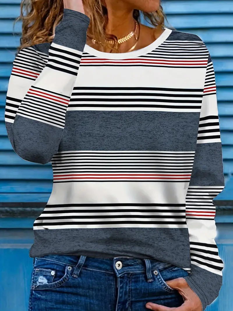 T-shirts Femmes Rayé Décontracté Printemps / Automne Imprimé Quotidien Jersey Manches Longues Droit Régulier