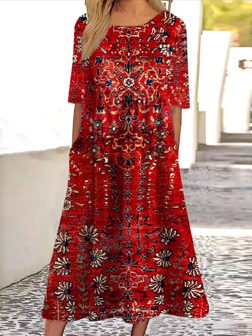 Femmes Rayé Rouge Col Rond Confortable Robe Maxi Décontracté
