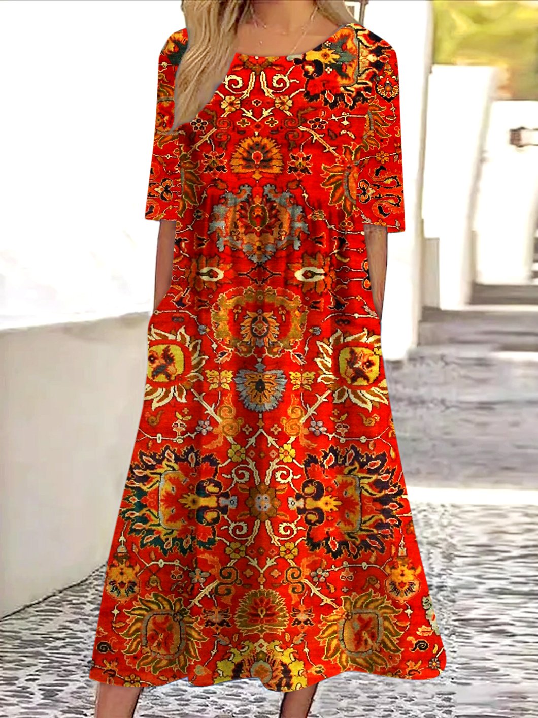 Femmes Rayé Rouge Col Rond Confortable Robe Maxi Décontracté