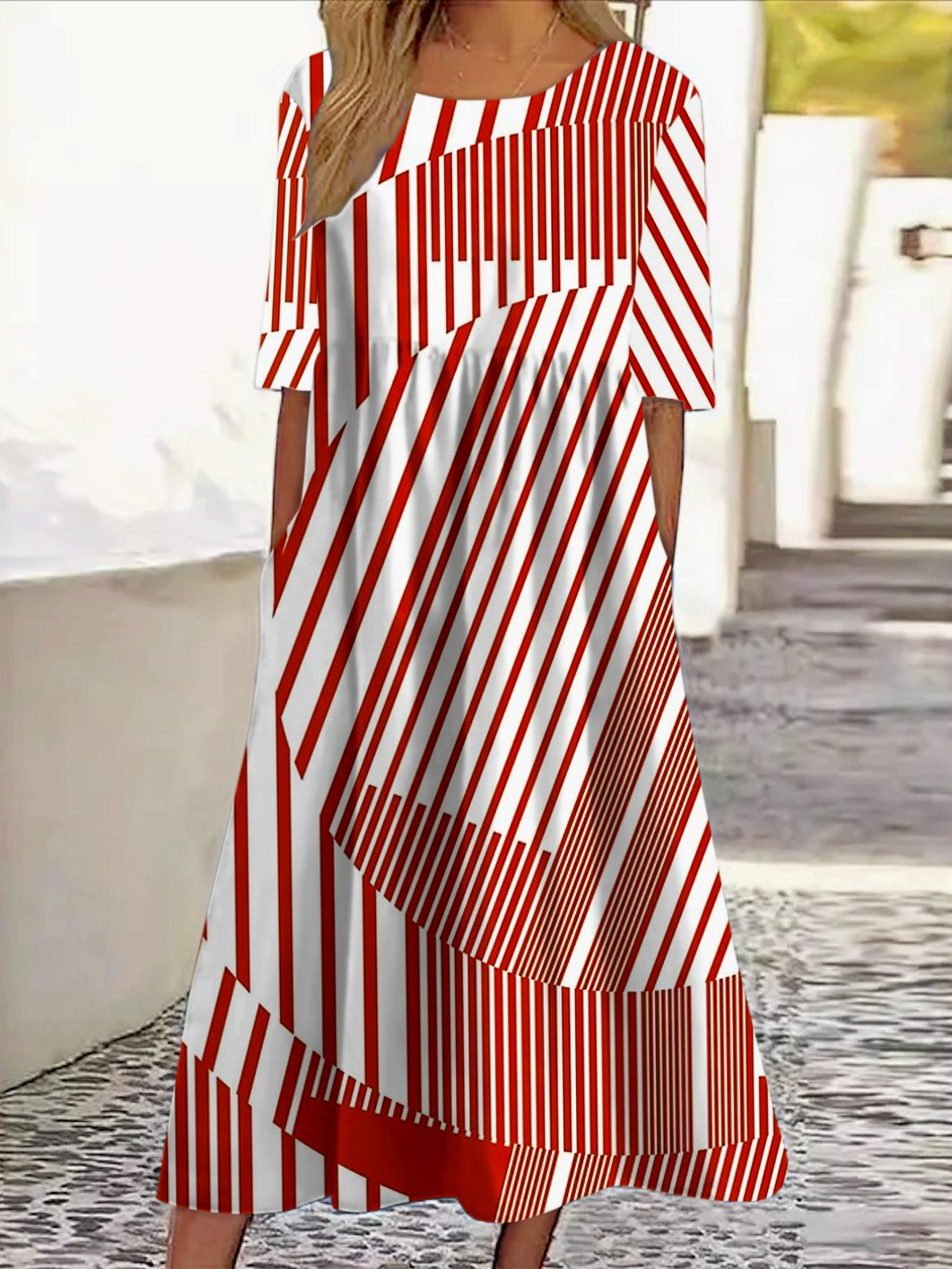 Femmes Rayé Noir Col Rond Confortable Robe Maxi Décontracté