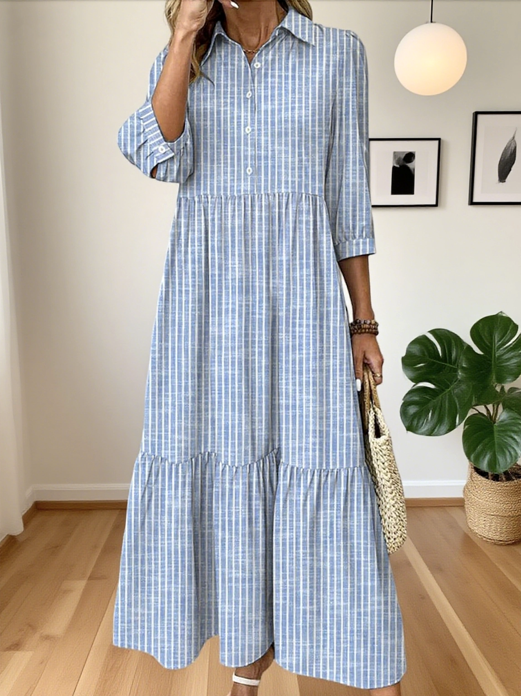 Femmes Rayé Bleu Clair Col de Chemise Confortable Robe Maxi Décontracté