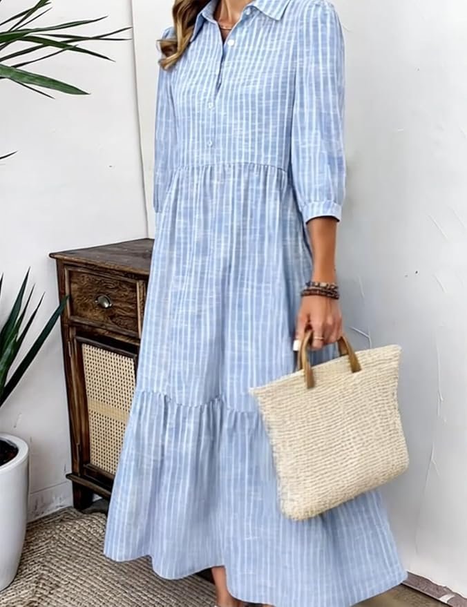 Femmes Rayé Bleu Clair Col de Chemise Confortable Robe Maxi Décontracté