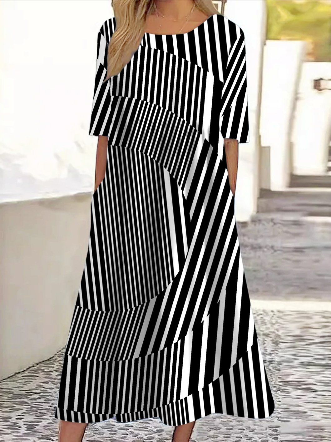 Femmes Rayé Noir Col Rond Confortable Robe Maxi Décontracté