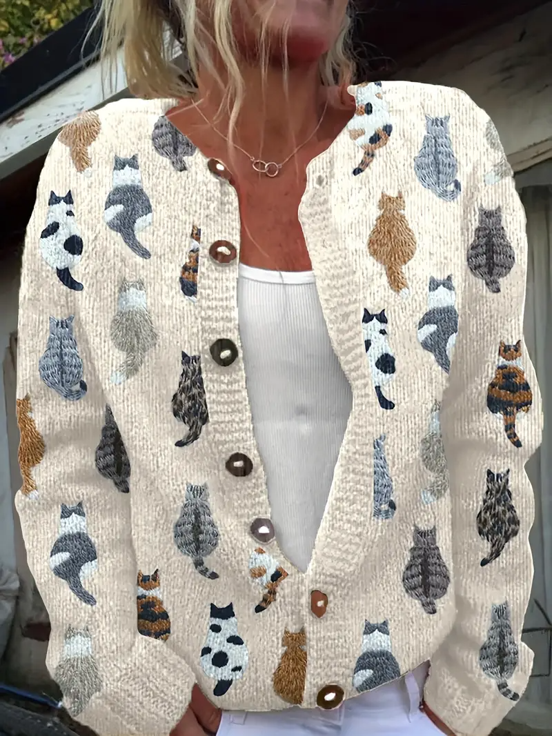 Cardigans Rétro Printemps / Automne Chien Tricoté Micro-élasticité Vacances Manches Longues Col Rond Régulier pour Femmes