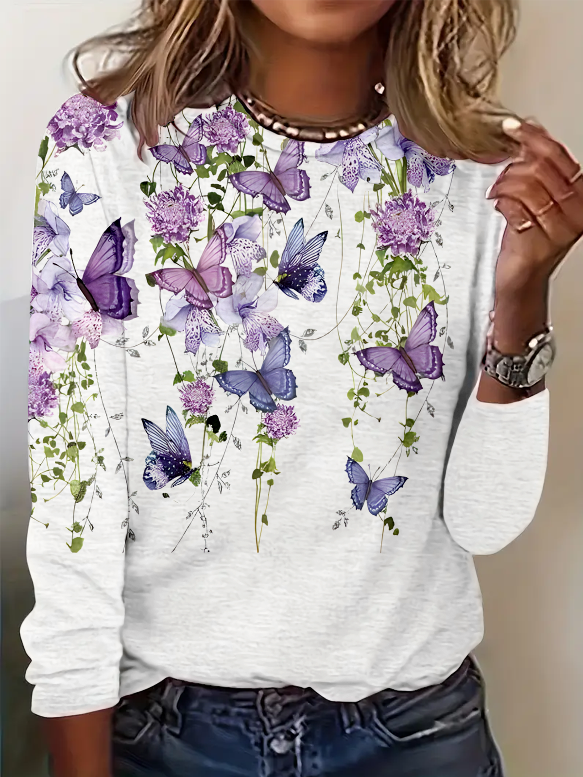 T-shirts Simple Papillon Printemps / Automne Micro-élasticité Quotidien Manches Longues Col Rond Régulier Régulier pour Femmes