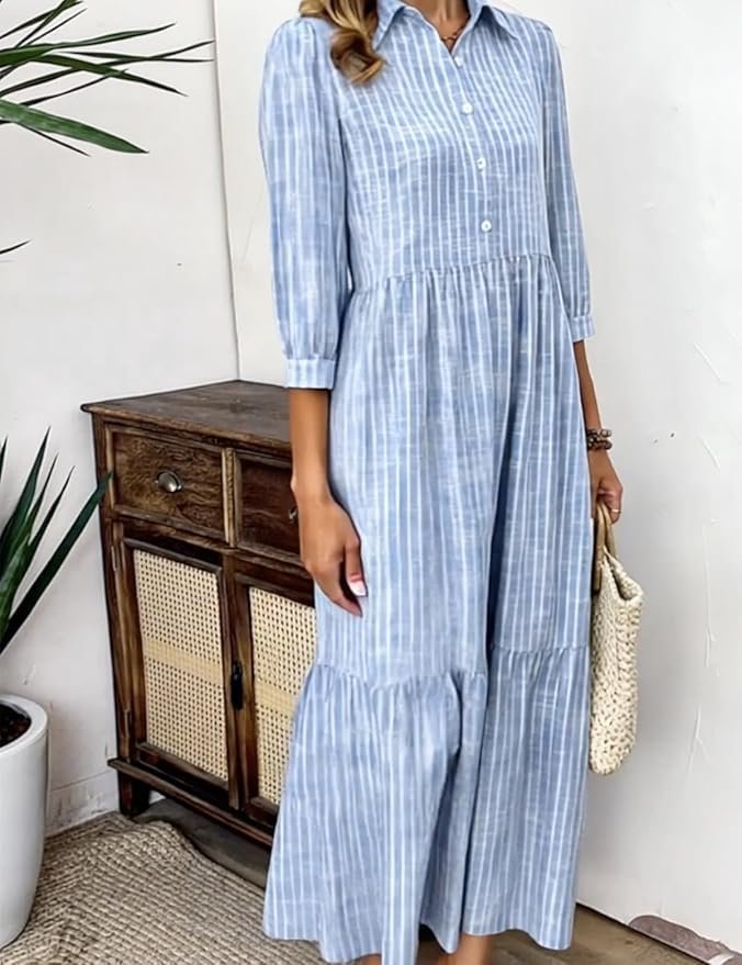 Femmes Rayé Bleu Clair Col de Chemise Confortable Robe Maxi Décontracté