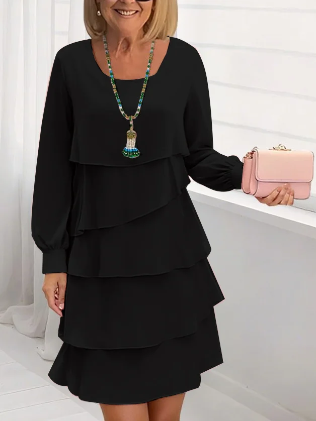 Femmes Plain Noir Col Rond Confortable Robe Mi-Longue Décontracté