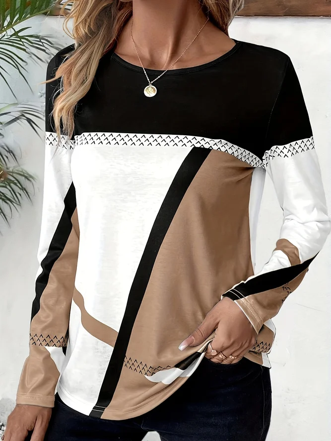 T-shirts Décontracté Abstrait Printemps / Automne Imprimé Micro-élasticité Quotidien Manches Longues Col Rond Droit pour Femmes