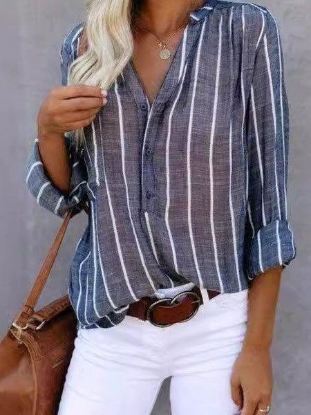 Chemises Rayé Dame Romance Printemps / Automne Col V Boucle Micro-élasticité Manches Longues Régulier Droit pour Femmes