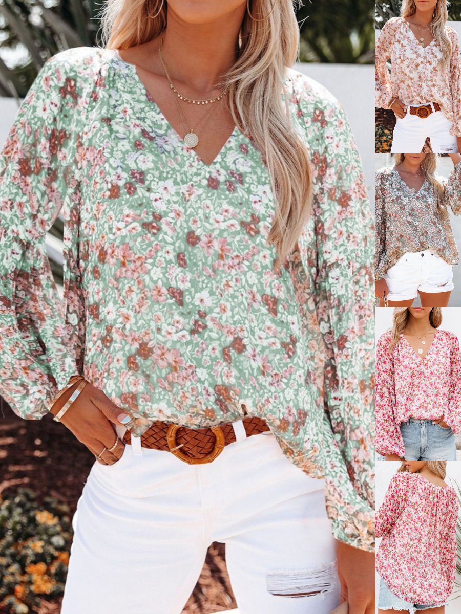 Chemises Femmes Féminin Floral Printemps / Automne Polyester Col V Joint Fendu Manche Ballon Droit Régulier