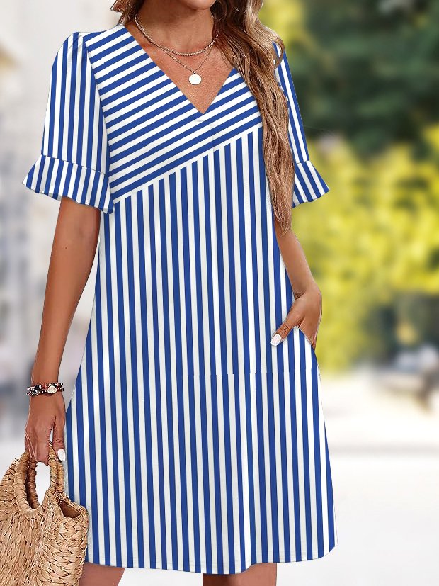 Femmes Plain Bleu Col V Confortable Robe Mi-Longue Décontracté
