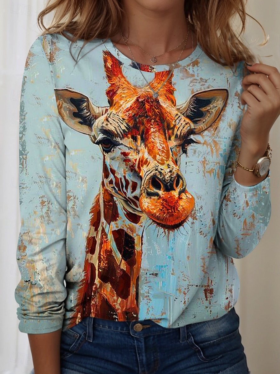 T-shirts Simple Imprimé d'Animal Printemps / Automne Domestique Ample Jersey Manches Longues Col Rond Droit pour Femmes