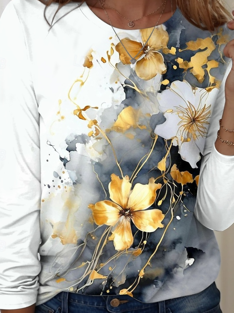 T-shirts Simple Floral Printemps / Automne Faire la navette Ample Manches Longues Col Rond Régulier Droit pour Femmes
