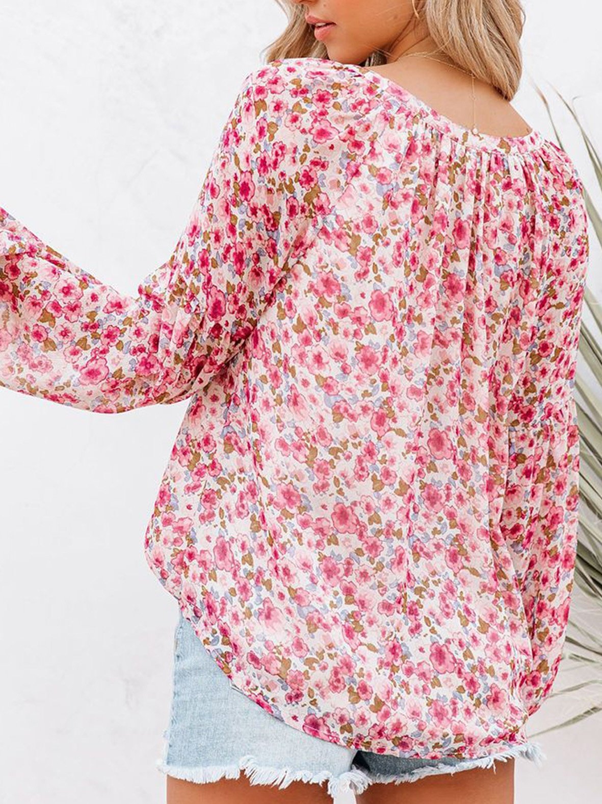 Chemises Femmes Féminin Floral Printemps / Automne Polyester Col V Joint Fendu Manche Ballon Droit Régulier