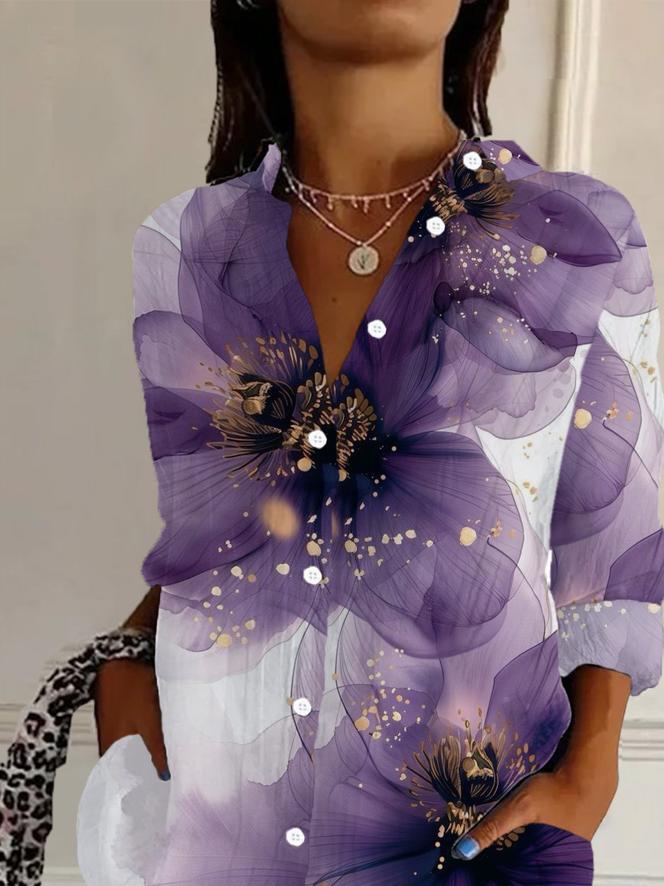 Chemises Décontracté Floral Printemps / Automne Aucune élasticité Régulier Boucle Régulier Manches régulières Col de Chemise pour Femmes
