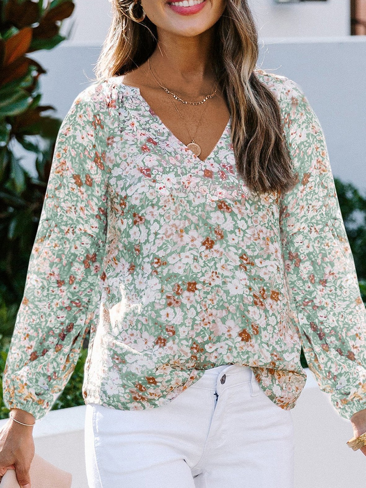 Chemises Femmes Féminin Floral Printemps / Automne Polyester Col V Joint Fendu Manche Ballon Droit Régulier
